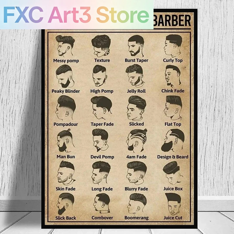 Home Barbershop - Frameloze, retro soorten kapsels kapper poster